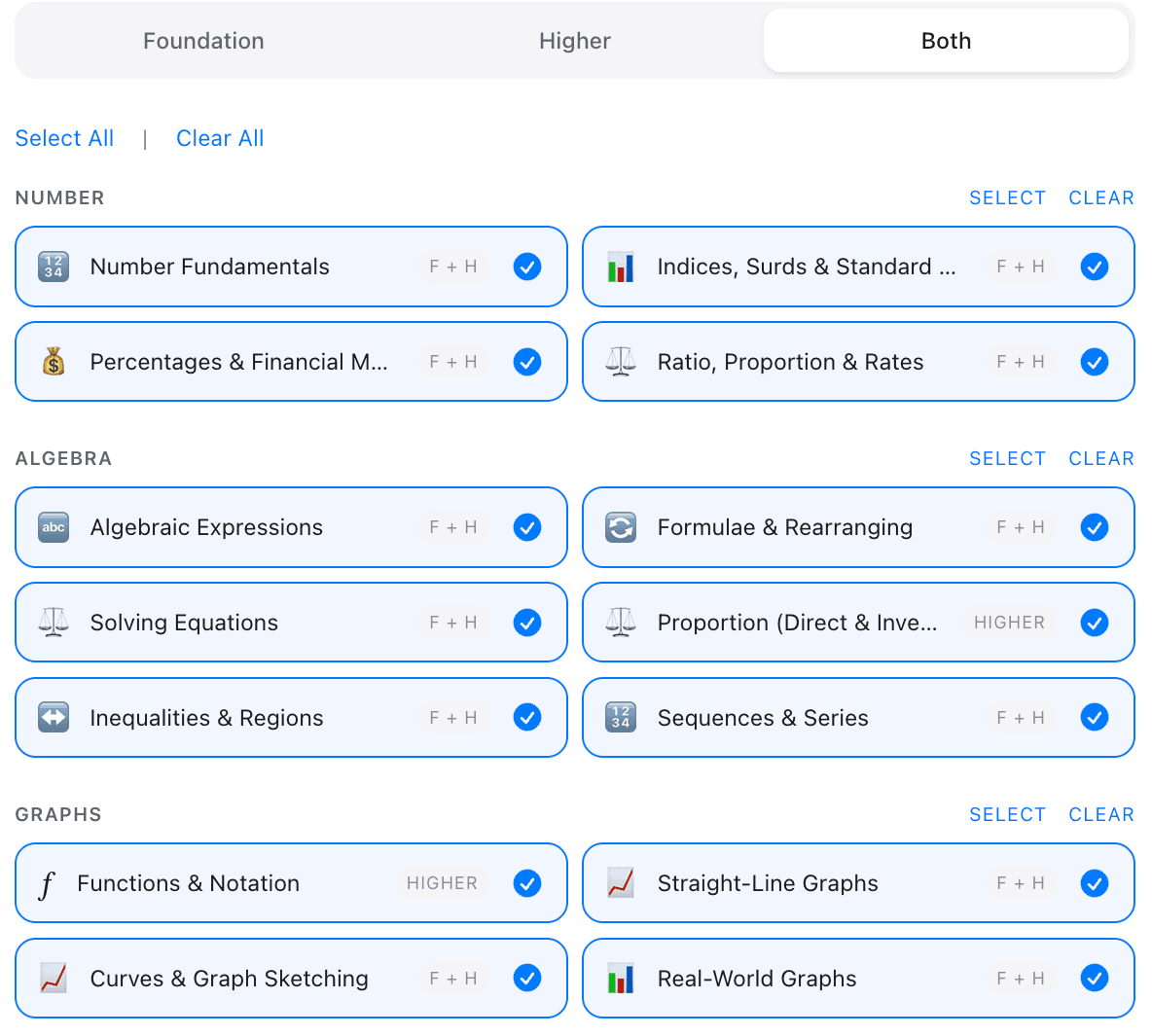 Topic selection grid